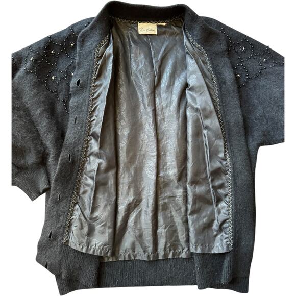 Vtg Sia Bellini black Floral Jeweled Rabbit Hair Wool Blend Cardigan Large - Picture 11 of 16